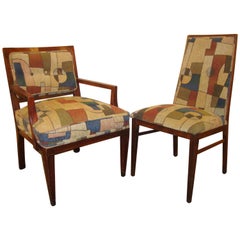 Set of Eight Mid-Century Modern Dining Chairs Having Geometric Upholstery