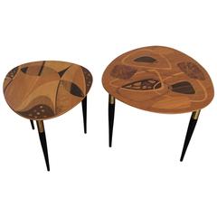 Tables en marqueterie de bois exotique avec motifs abstraits par Erno Fabry:: Suède:: 1953