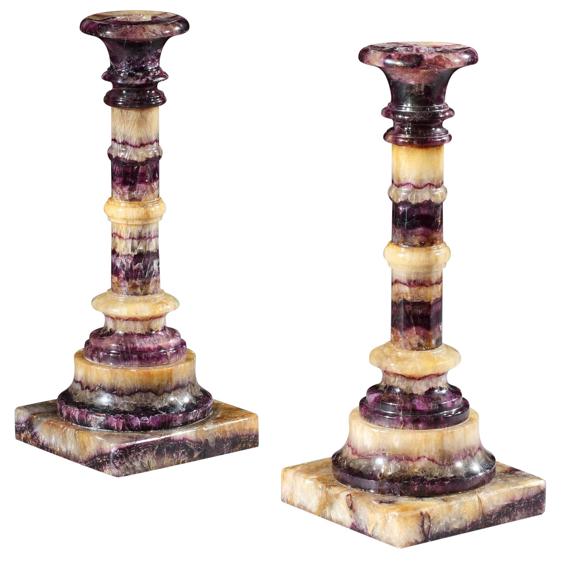 Pair of Victorian Blue John Candlesticks For Sale