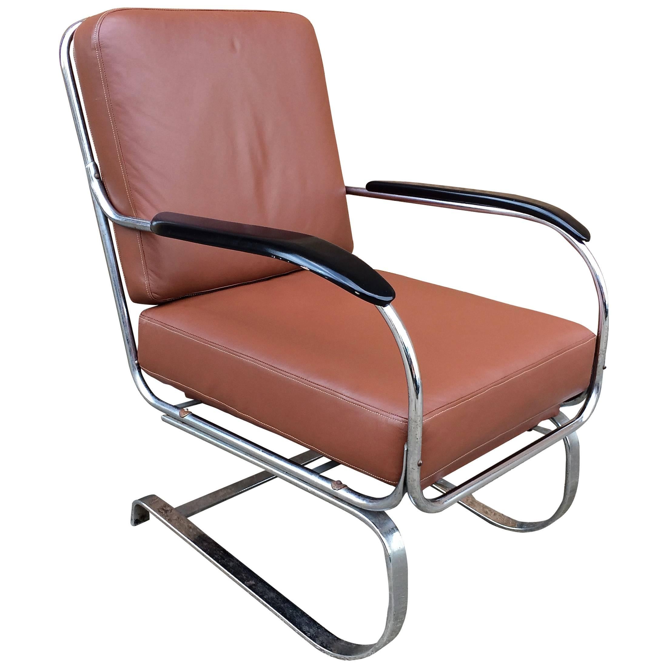 Machine Age KEM Weber for Lloyd Chrome and Leather Lounge Chair For Sale