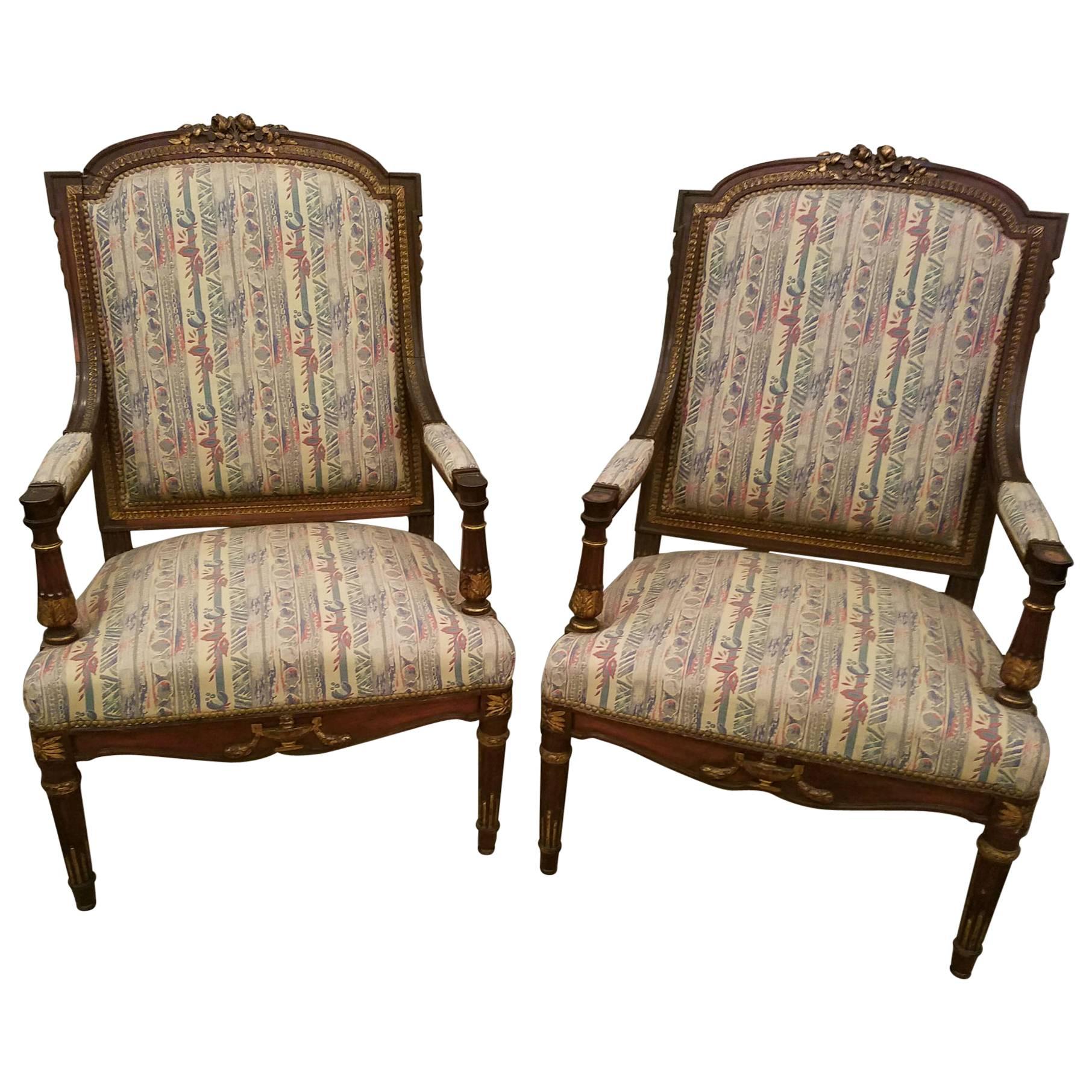 Pair of 19th Century Louis XVI Carved Mahogany Fauteuil For Sale