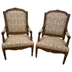 Pair of 19th Century Louis XVI Carved Mahogany Fauteuil