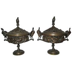 Pair of Bronze "Coupe Aux Cigognes" Covered Urns by Jules Moigniez