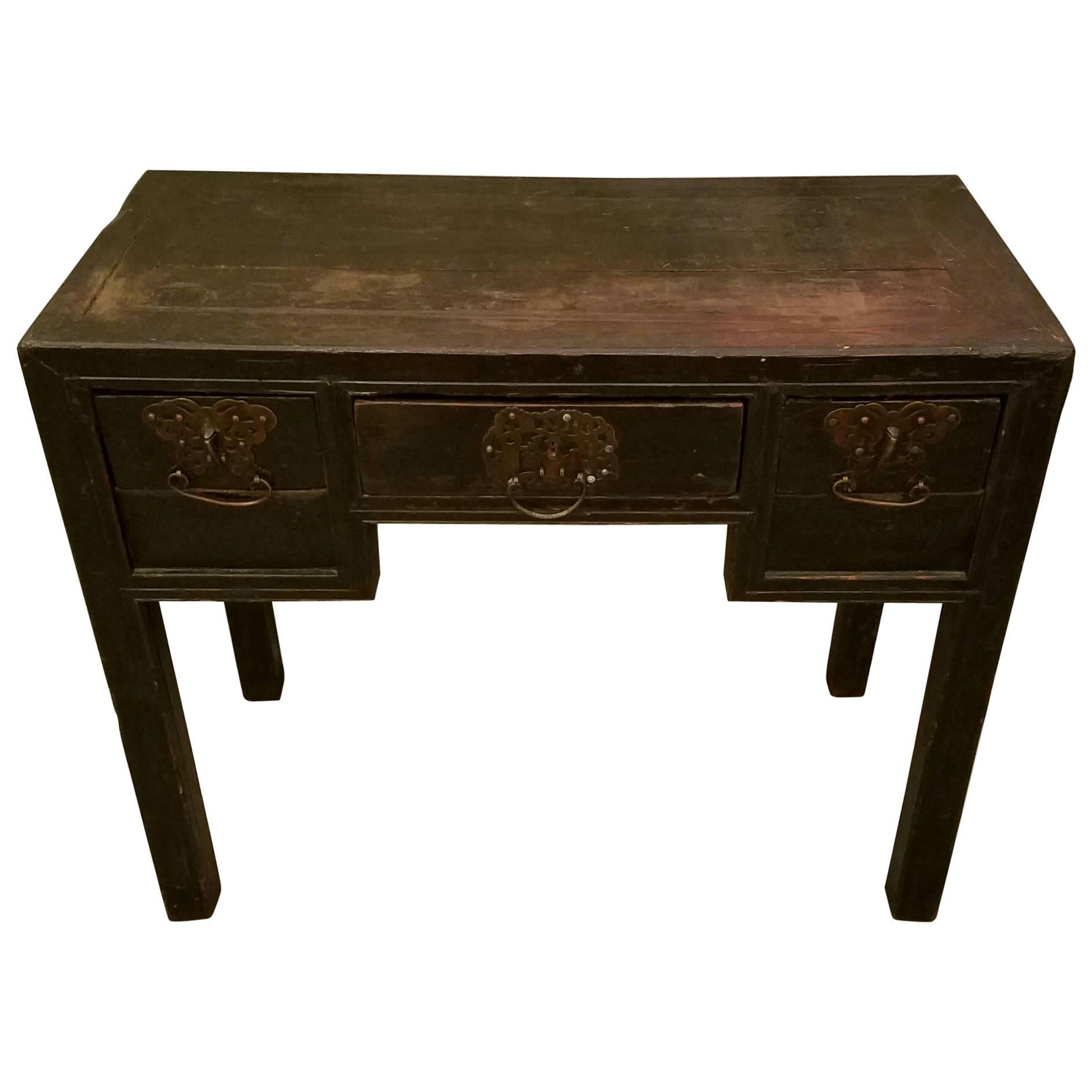 Antique Chinese Black Lacquer Three-Drawer Desk For Sale