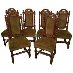 19th Century Set of Six Renaissance Carved Oak Dining Chairs