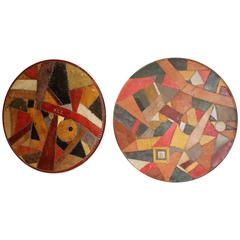 Pair of Leather Piece Work Covered Wooden Roundels