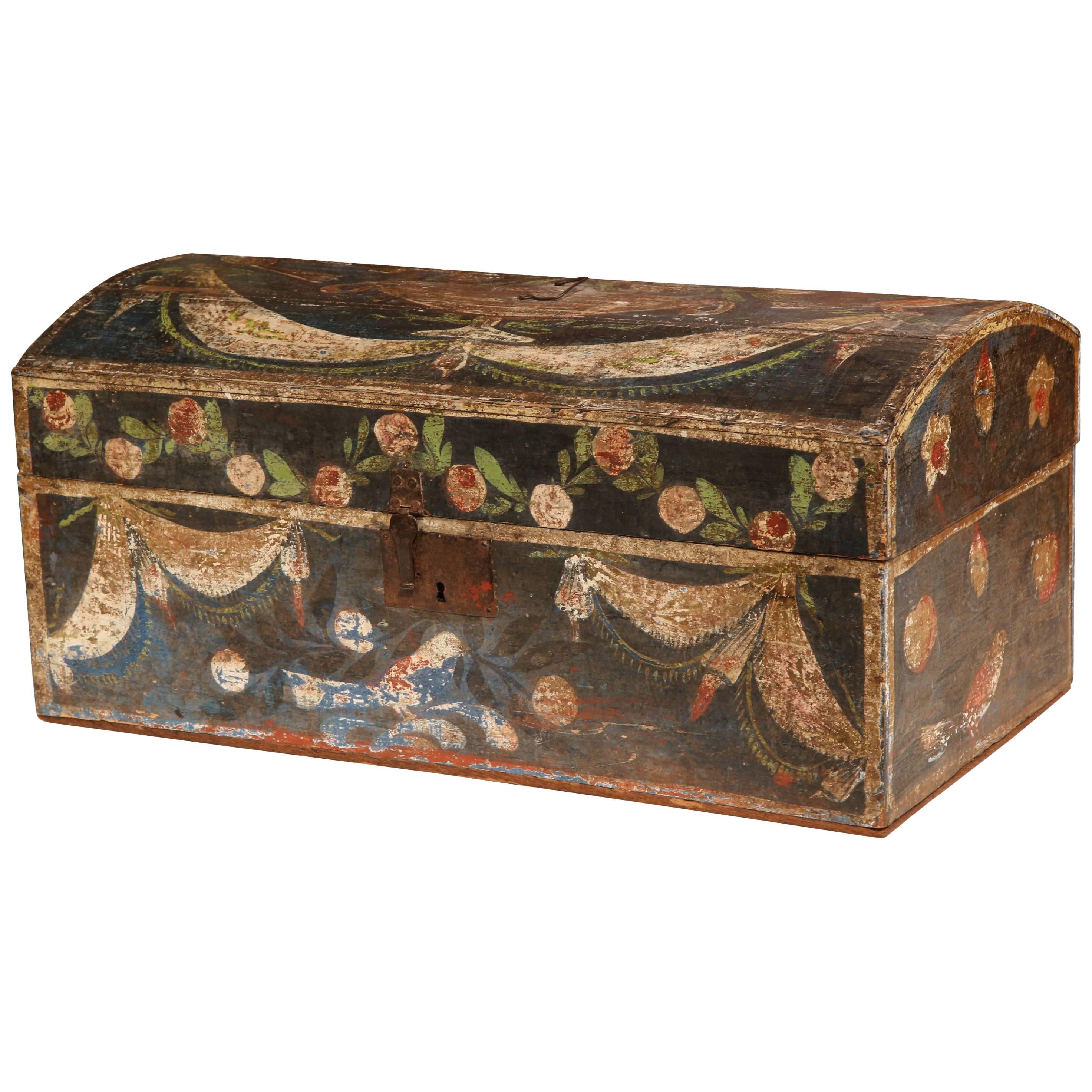 18th Century French Painted Wedding Box from Normandy with Birds and Flowers