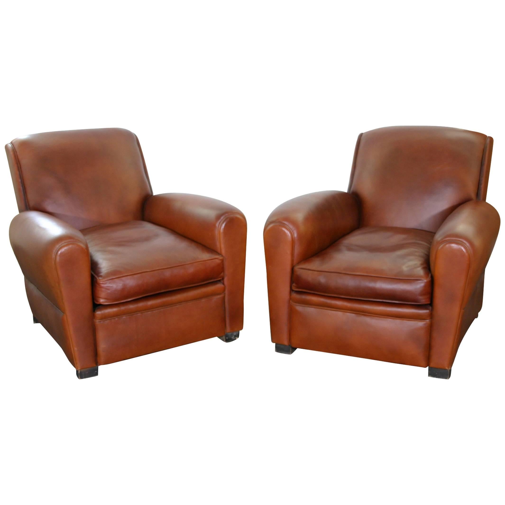 Pair of Leather Club Chairs For Sale