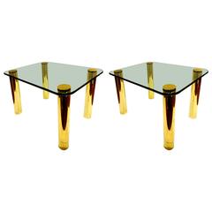 Set of Two Matching End Tables in Brass and Glass by Pace Collection