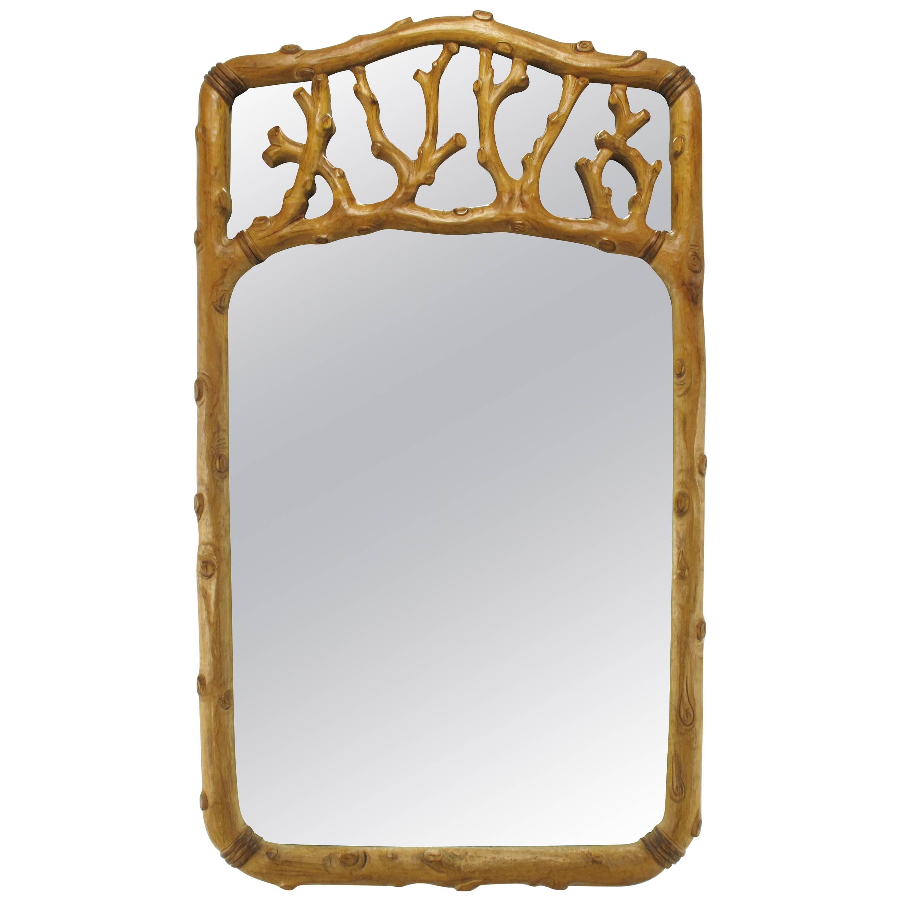 Hand-Carved Fruitwood Faux Bois Mirror For Sale