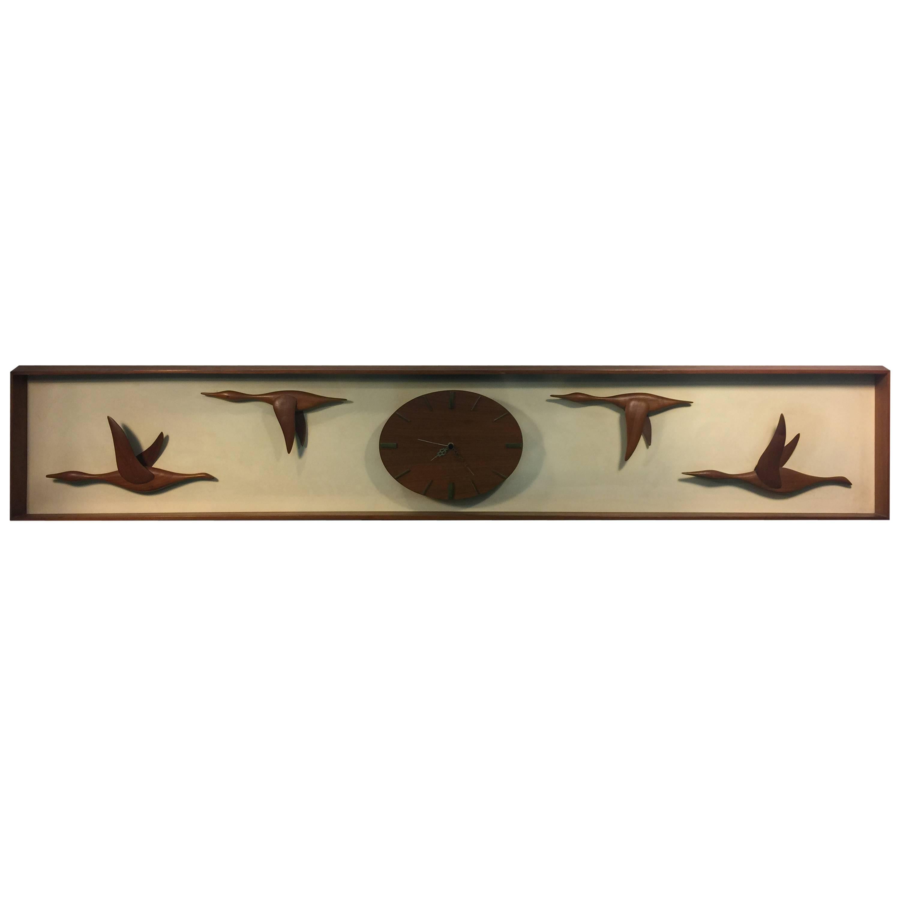 Fantastic Mid-Century Modern Hand-Sculpted Geese in Flight Wall Clock For Sale