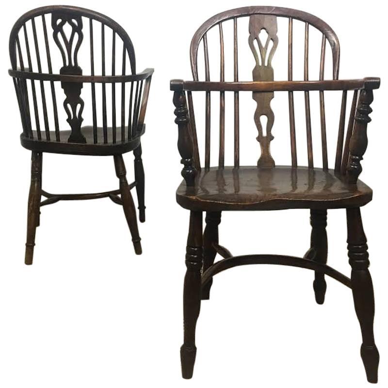 19th Century Yew Wood Windsor Armchairs, Set of Four