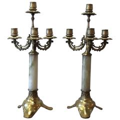 Pair of Cast Brass and Agate Candelabra