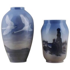 Vintage Two Royal Copenhagen Vases, Swans in Landscape and Mother and Daughter