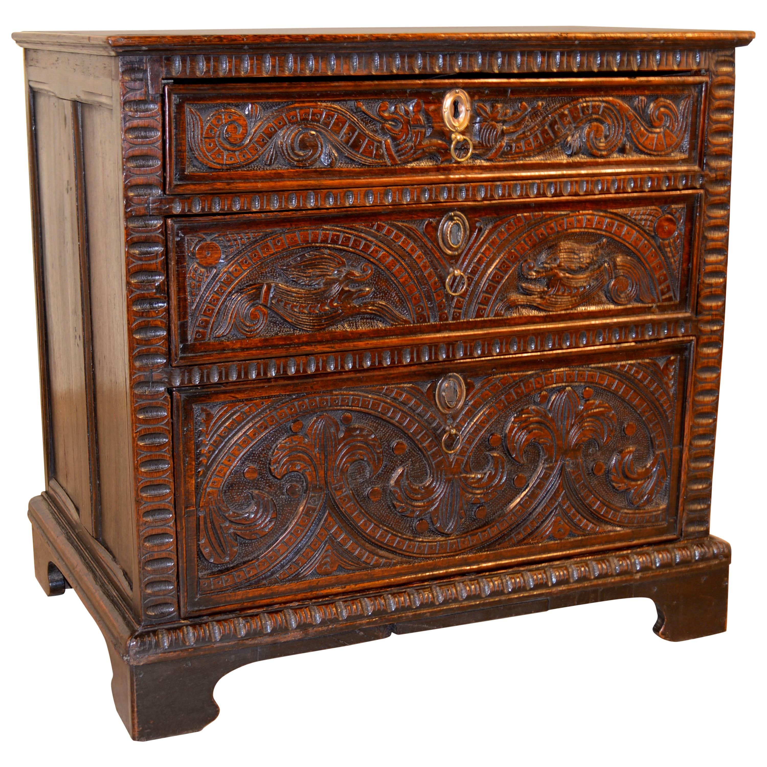 17th Century English Oak Carved Small Chest