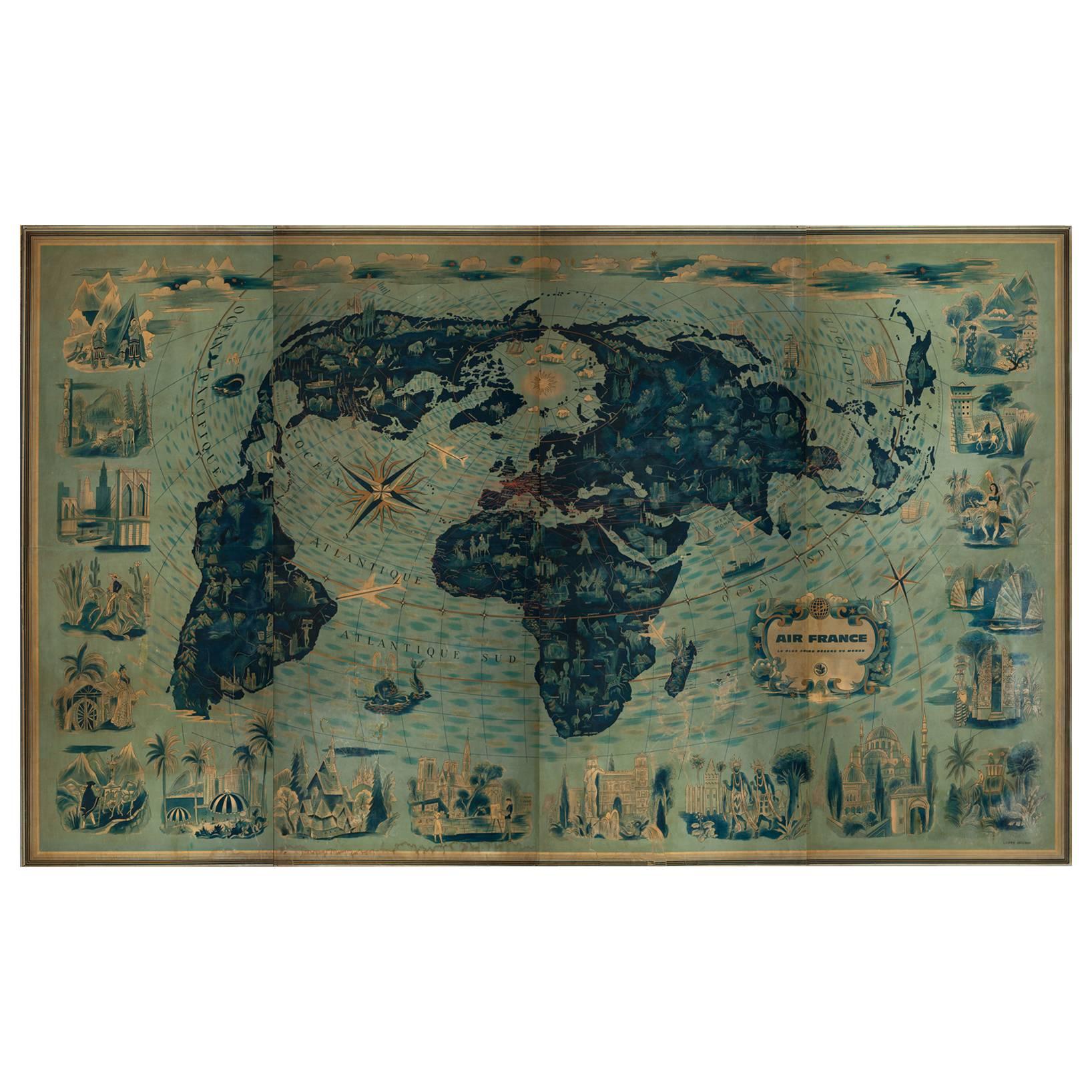 Four Reproduction Vintage Panels of Air France World Map For Sale