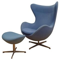 Blue Fritz Hansen Arne Jacobsen Egg Chair and Ottoman Lounge