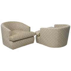 Pair of Curved Back Lounge Chairs and Ottomans with Geometric Fabric 12