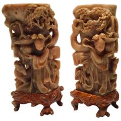 Pair of Hand-Carved Chinese Candle Holders on Rosewood Stands