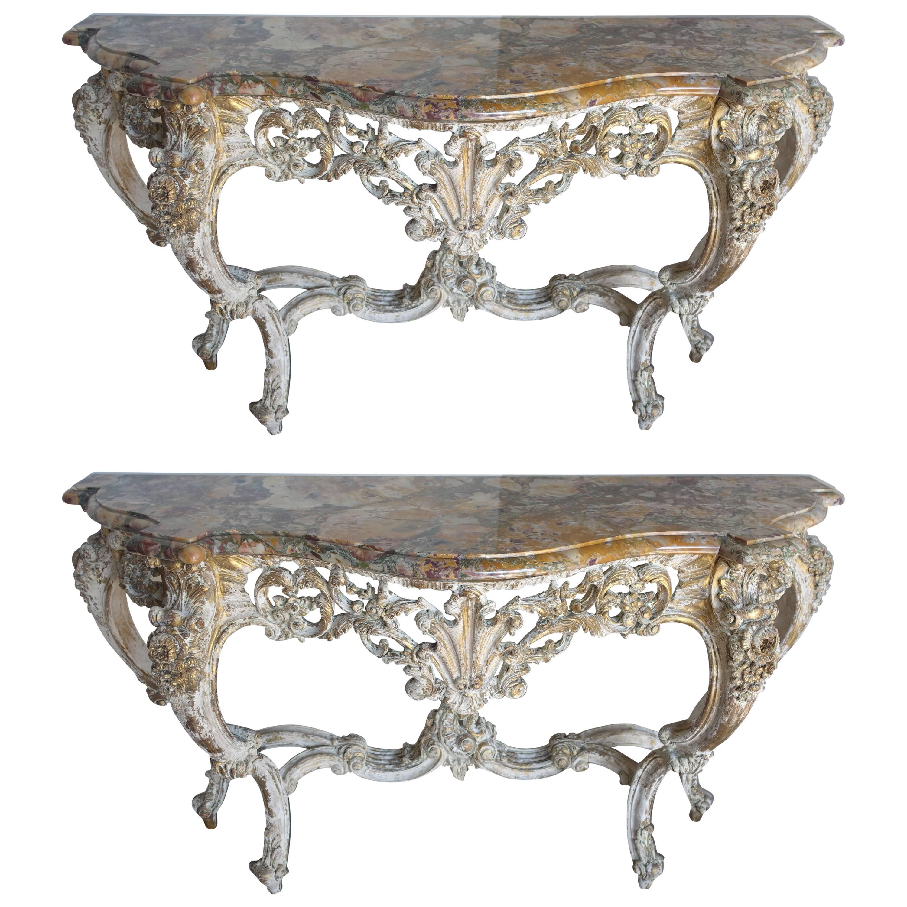 Pair of Louis XV Style Painted Consoles with Marble Tops