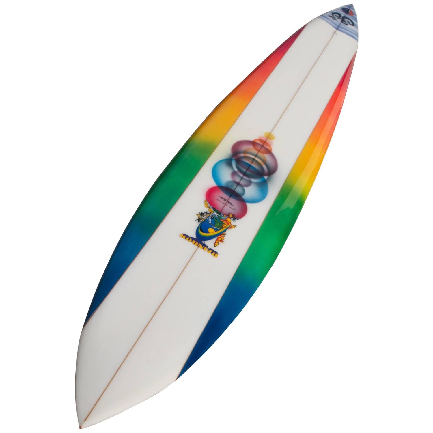 Mike Hynson Hand Shaped Rainbow, Big Wave Gun Surfboard, Artwork by