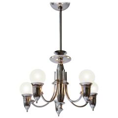 Art Deco Five Arms Nickel-Plated Chandelier with Two Matching Pendant, 1930s USA 1