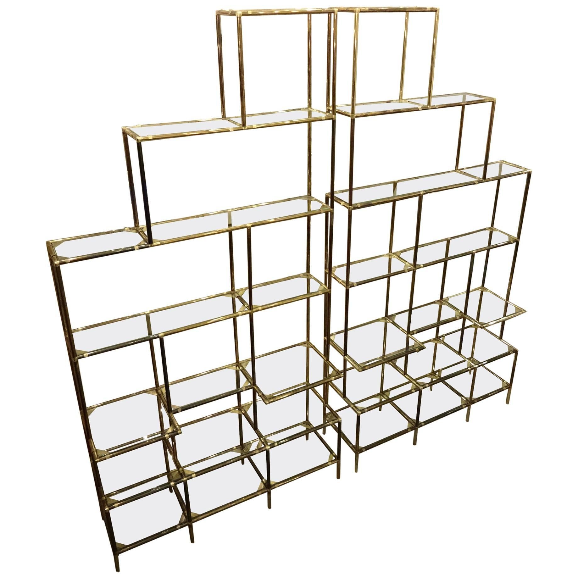 Pair of Italian Brass and Glass Shelving Units