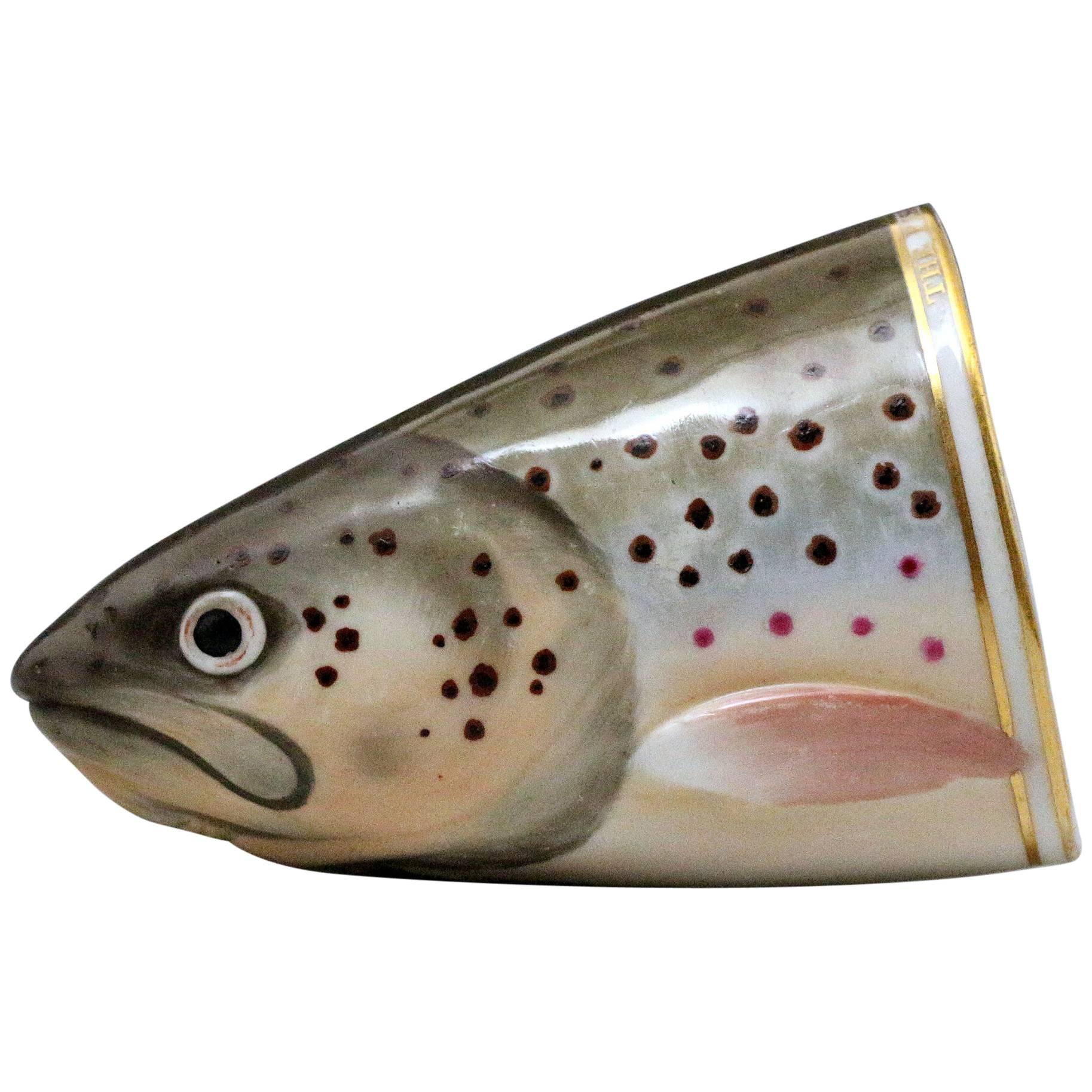 Derby Porcelain Stirrup Cup in the Form of a Trout's Head Inscribed "The Fisher" For Sale