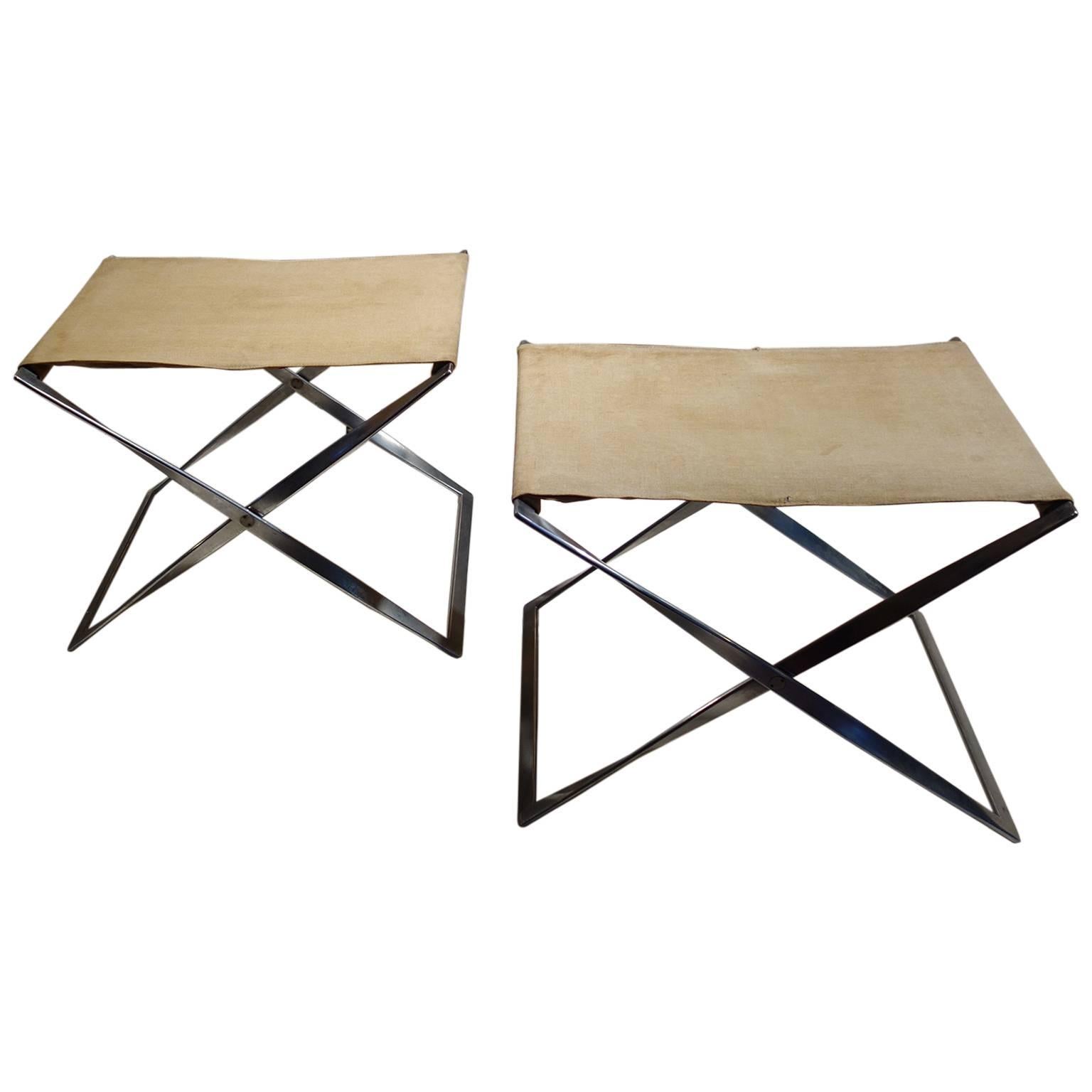 Pair of PK91 Foldable Canvas Stools by Poul Kjaerholm