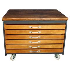 Vintage Art School Plan Chest on Casters with Reclaimed Wooden Plank Top
