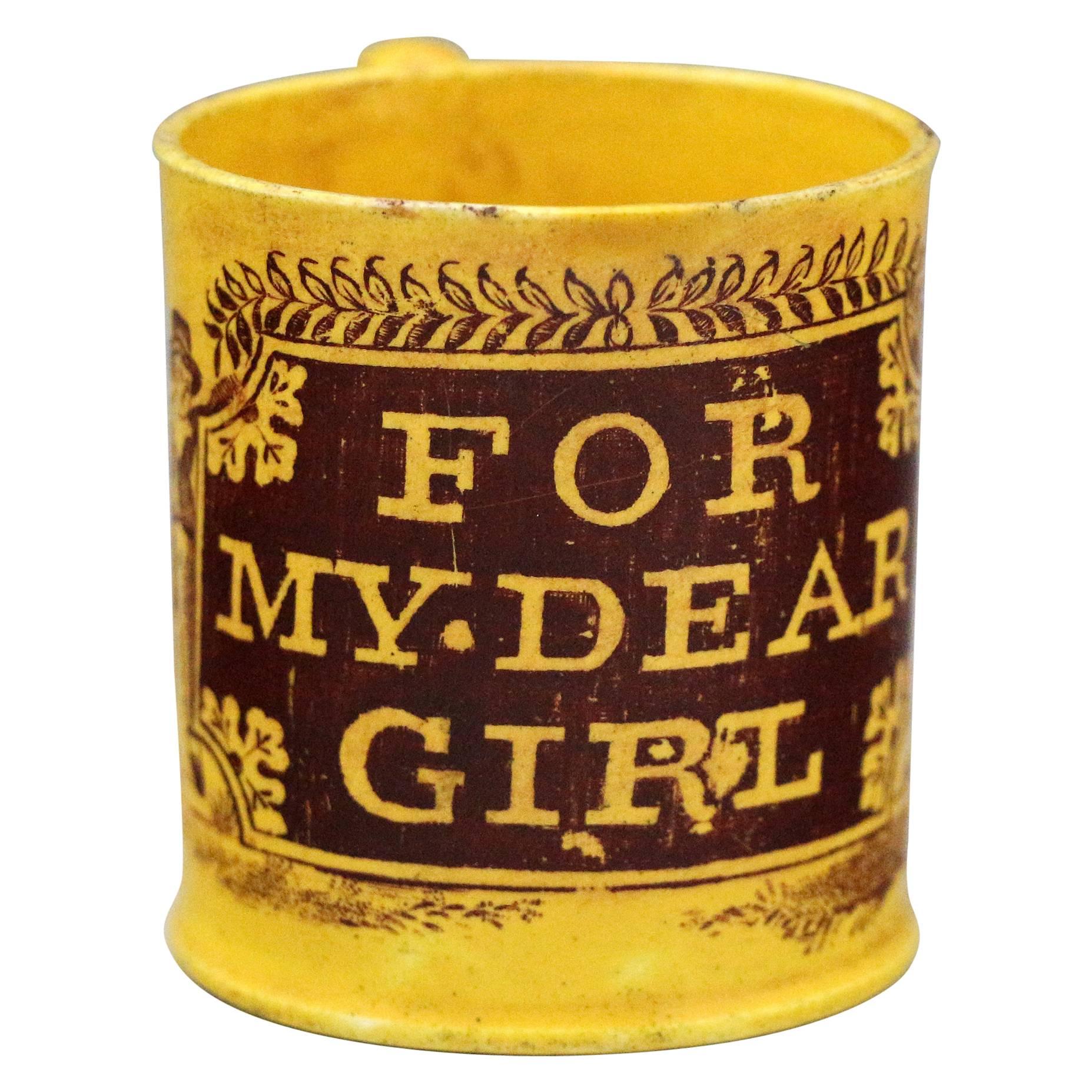 Canary Yellow Staffordshire Pottery Mug "For My Dear Girl"