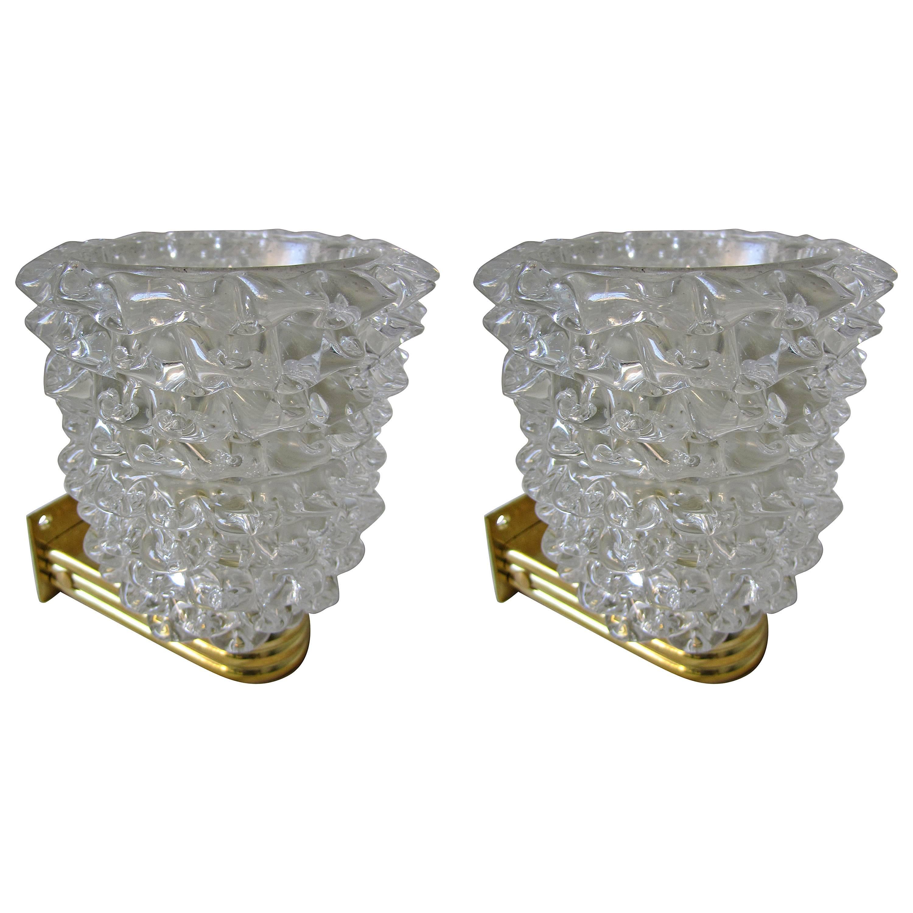Pair of Murano Glass and Gilded Brass Sconces, Italy, 1970 For Sale