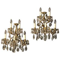 Italian Pair of Five-Arm Crystal Antique Wall Lights