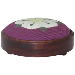 Antique Victorian Footstool Mahogany frame Hand Embroidered wool-work Top, Circa 1880