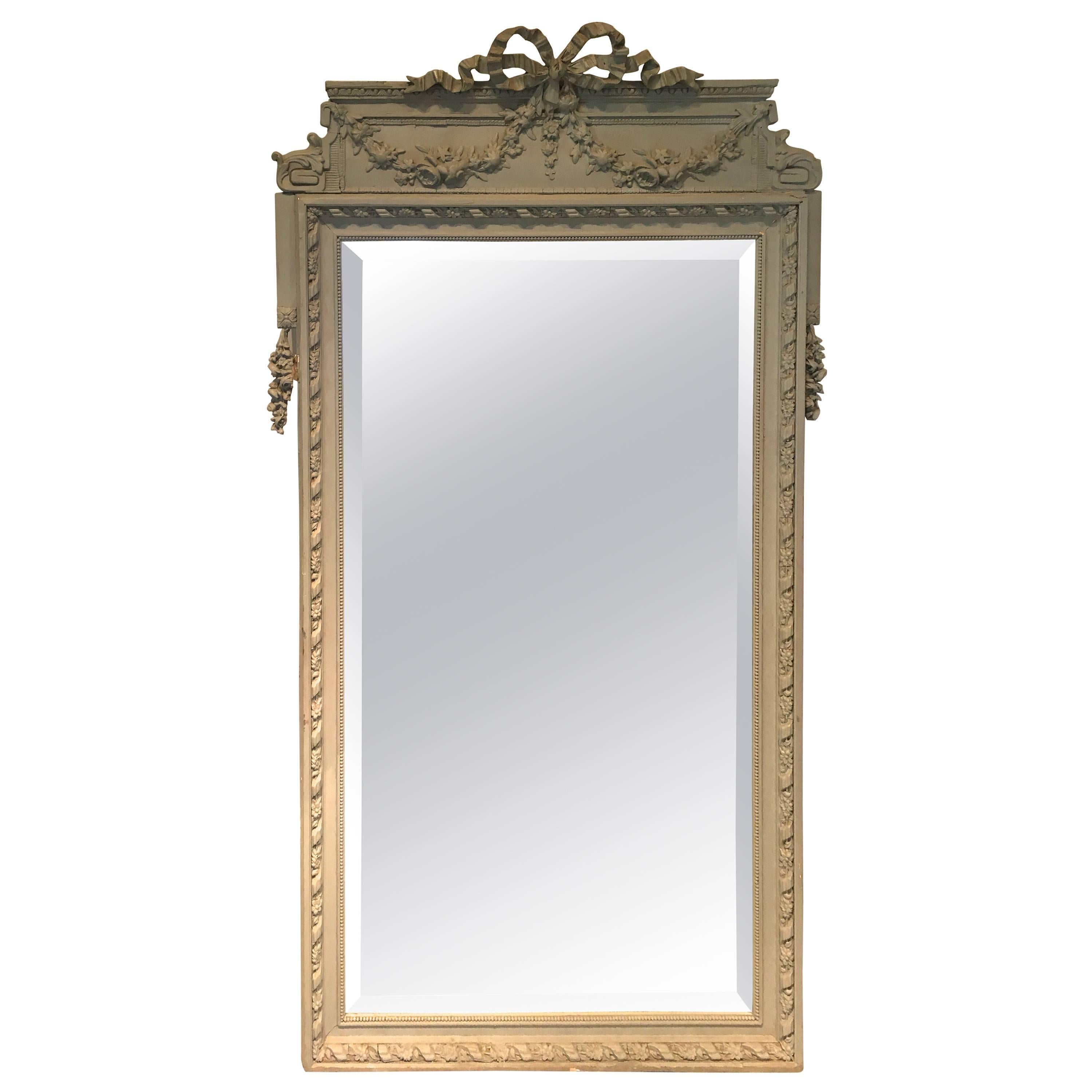 Large Painted French Wood and Gesso Mirror with Original Beveled Glass For Sale