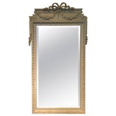 Large Painted French Wood and Gesso Mirror with Original Beveled Glass