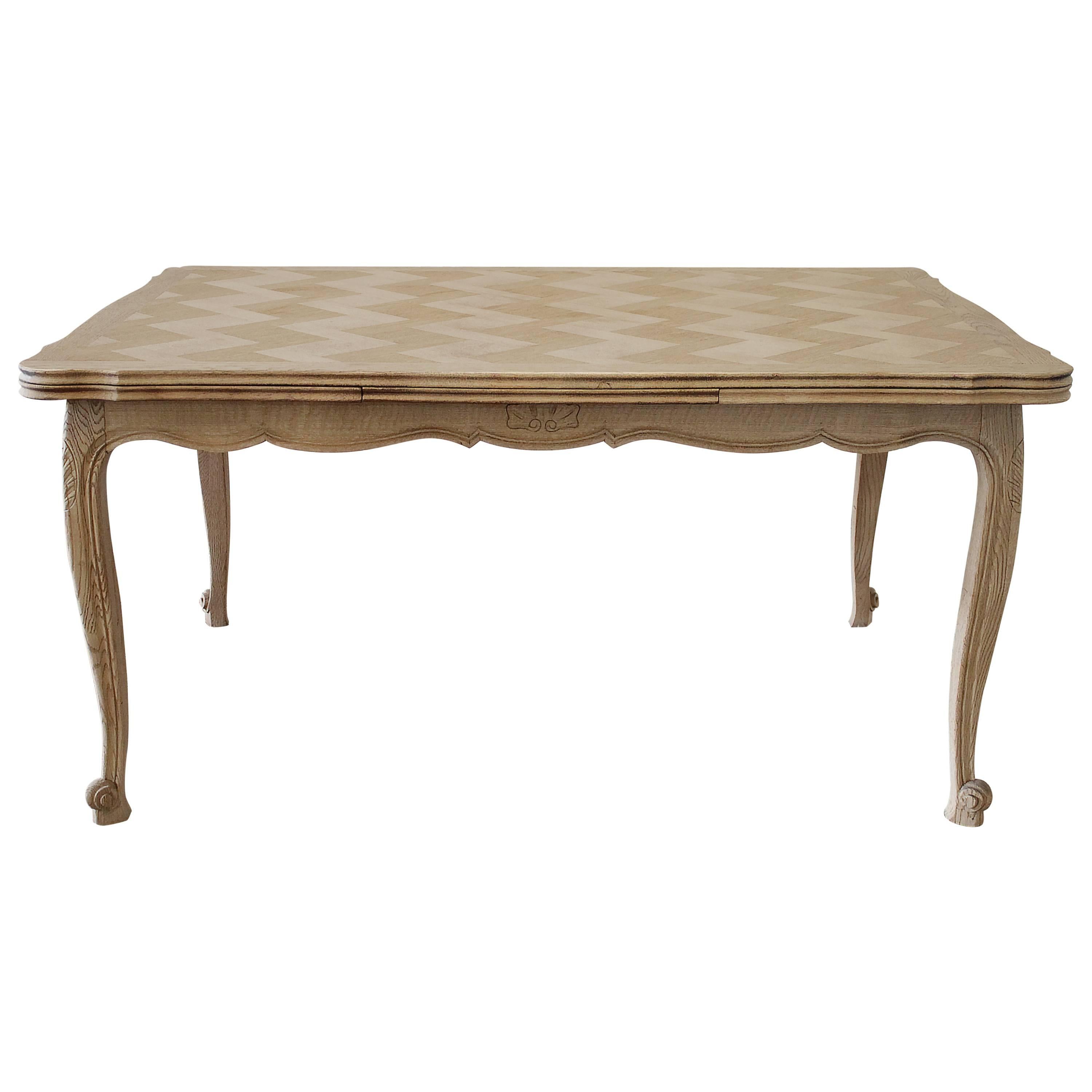 French Oak Draw-Leaf Dining Table with Parquetry Top
