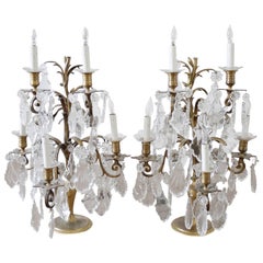 Pair of French Brass and Crystal Five-Light Girandoles