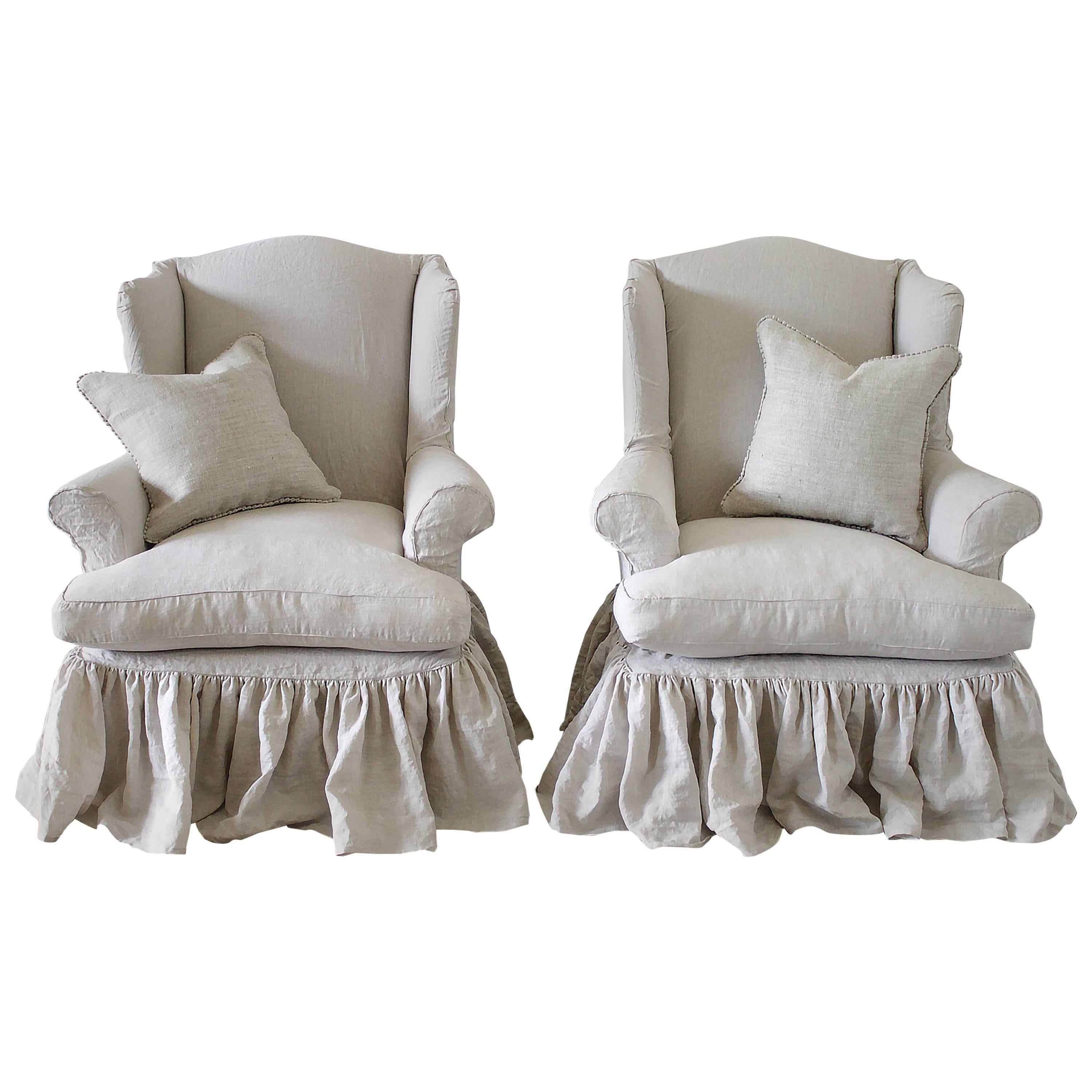 Vintage Wingback Chairs Slip Covered in Organic Irish Linen