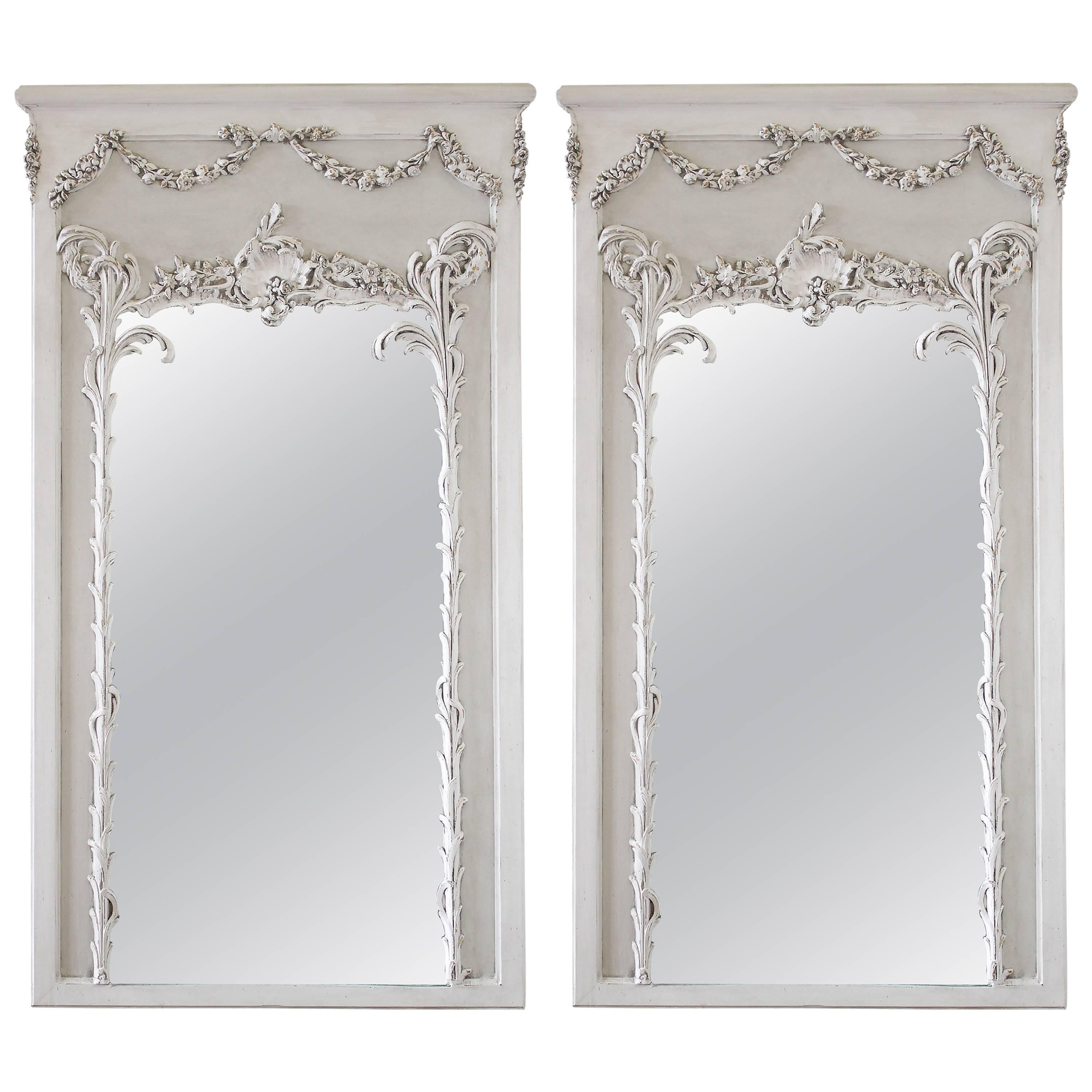 Pair of Vintage French Style Painted Trumeau Mirrors with Rose Swags