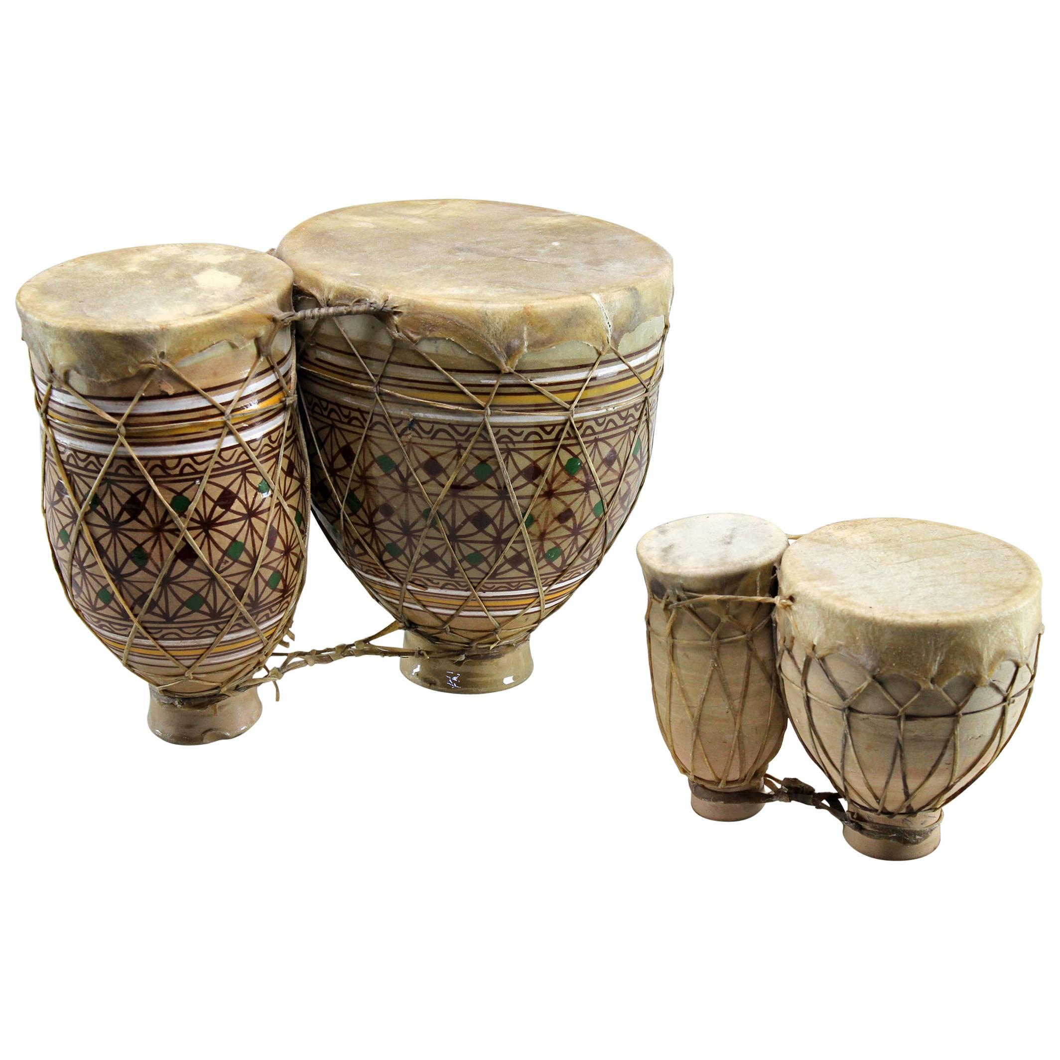 Vintage Set of Two Moroccan Double Ceramic Bongo-Style Tbilat Drums