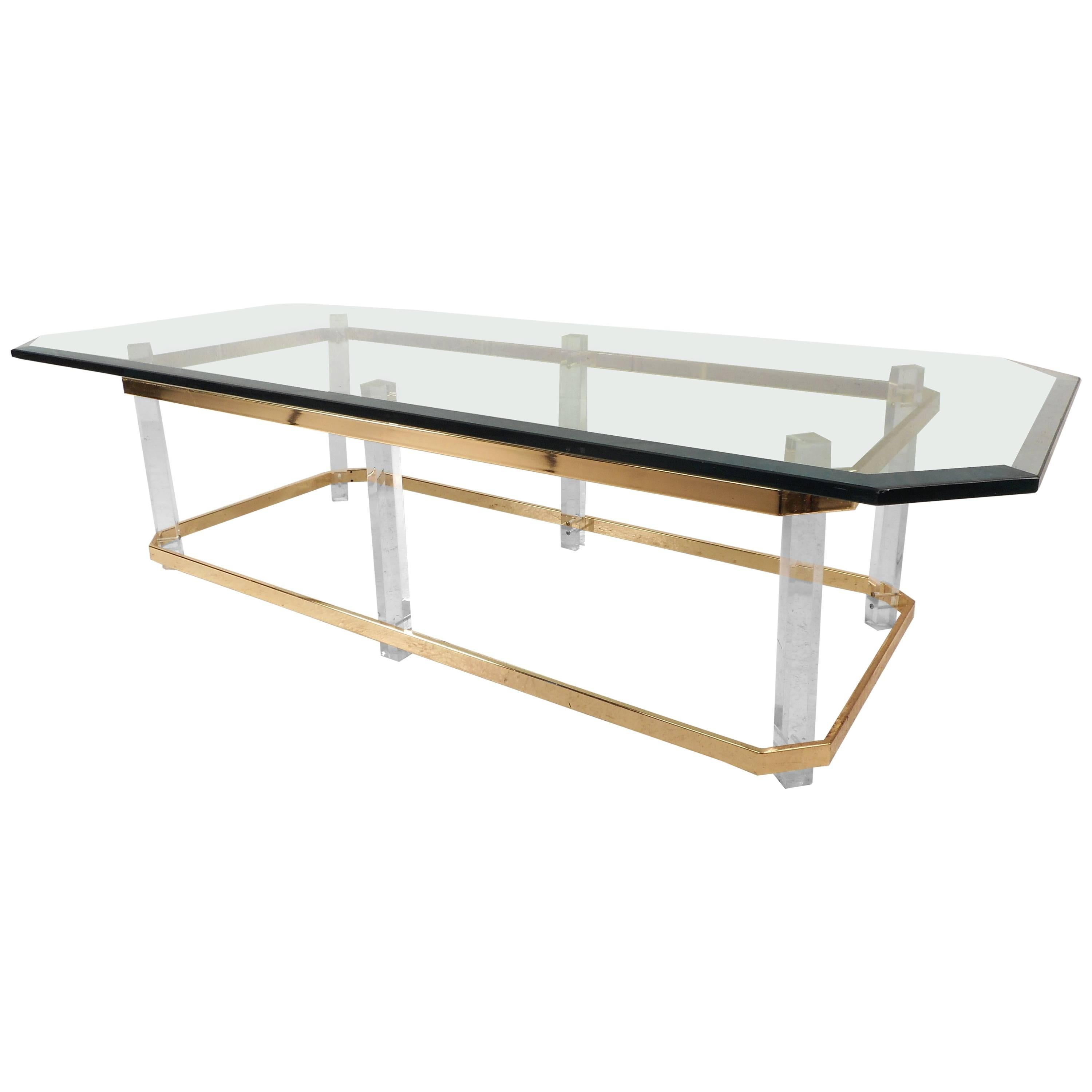 Long Mid-Century Modern Brass and Lucite Coffee Table after Charles Hollis Jones For Sale