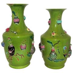 Fine Pair 19th Century Chinese Rotating Porcelain Urn Vases Famille Vert Glazed