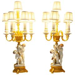 Pair of Vintage Porcelain with Solid Brass Candelabra Lamps
