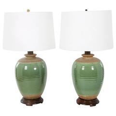 Mid-20th Century Glazed Ceramic Ginger Jar Table Lamps
