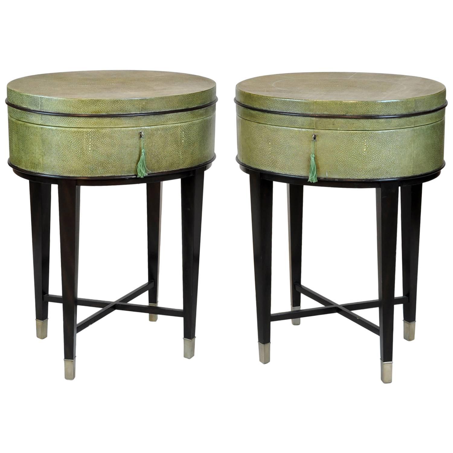 Pair of Oval Shagreen Side Tables or Stands on Ebonized Bases