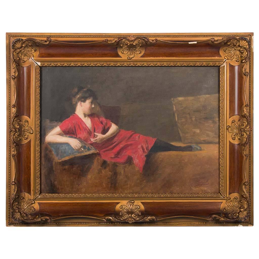 Original 19th Century Antique Oil Painting, Portrait of a Reclining Lady in Red