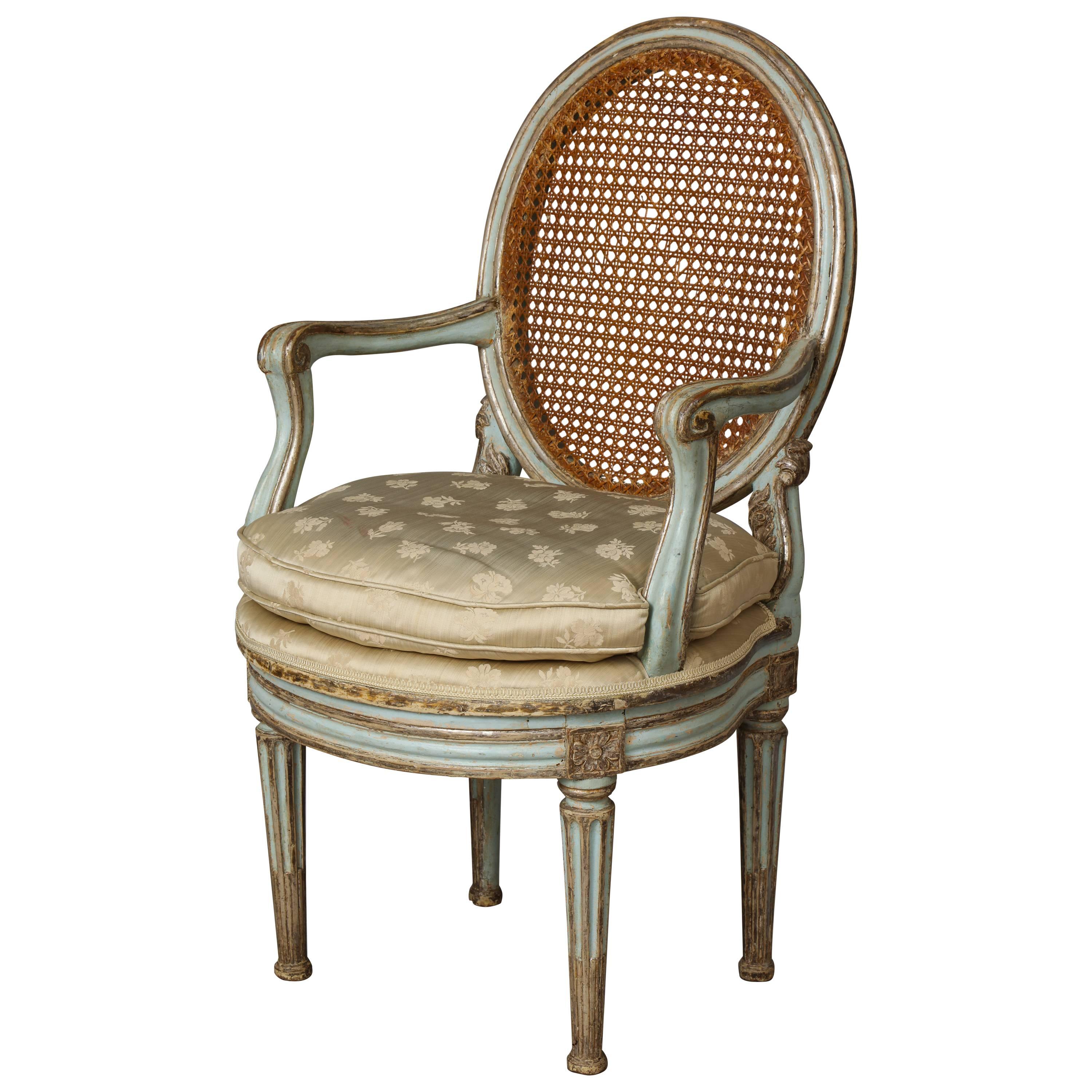 Venetian Neoclassic Painted Armchair with Oval Caned Back