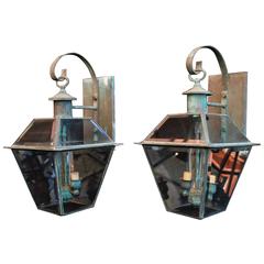 Elegant Pair of 1950 's Copper Outdoor Sconces with Beveled Glass