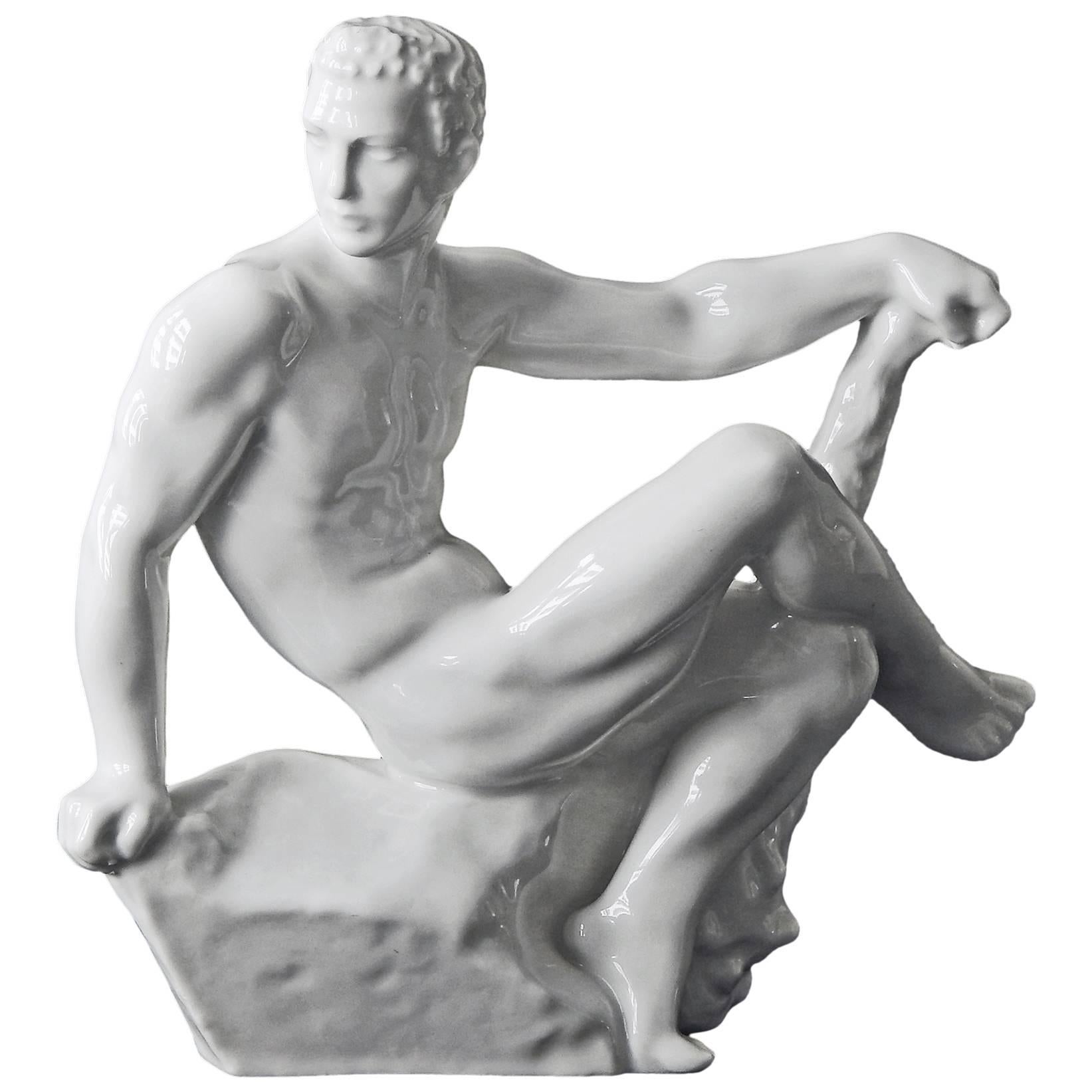 "Hercules at Rest, " Rare Art Deco Nude Porcelain by Bregnoe, Danish